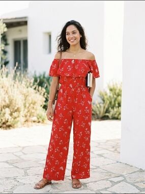 Hollister Women's Off-Shoulder Red Ditsy Floral Wide Leg Jumpsuit Fairy